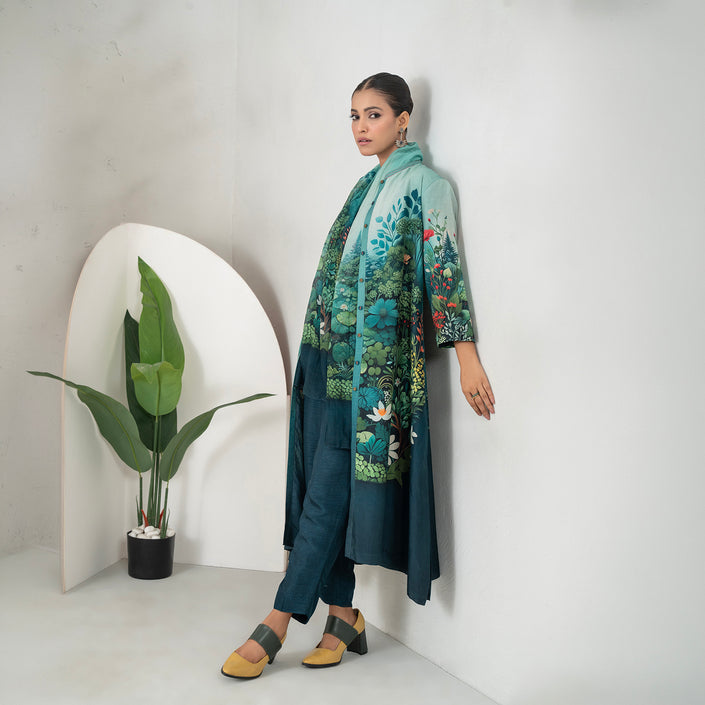 Blue Fades Gently From Mint To Midnight Silk Chanderi Hand-Painted Garden Printed Dress (1 PC)
