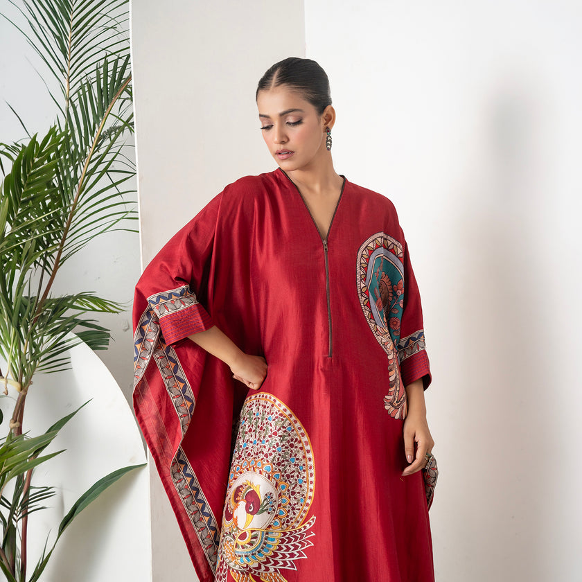 Maroon Silk Chanderi Bold Peacock Printed Zippered Kaftan (1 PC)