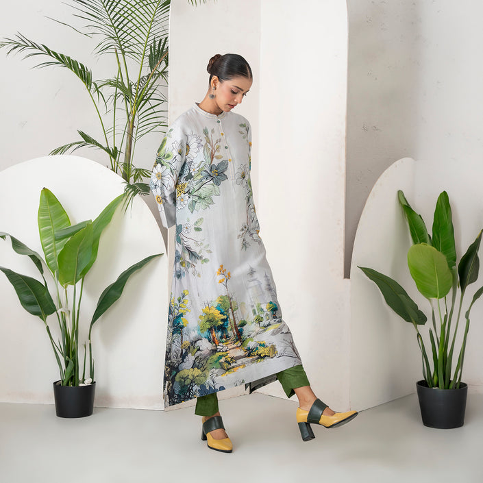 Grey Silk Chanderi Painterly Landscape Printed Tunic (1 PC)