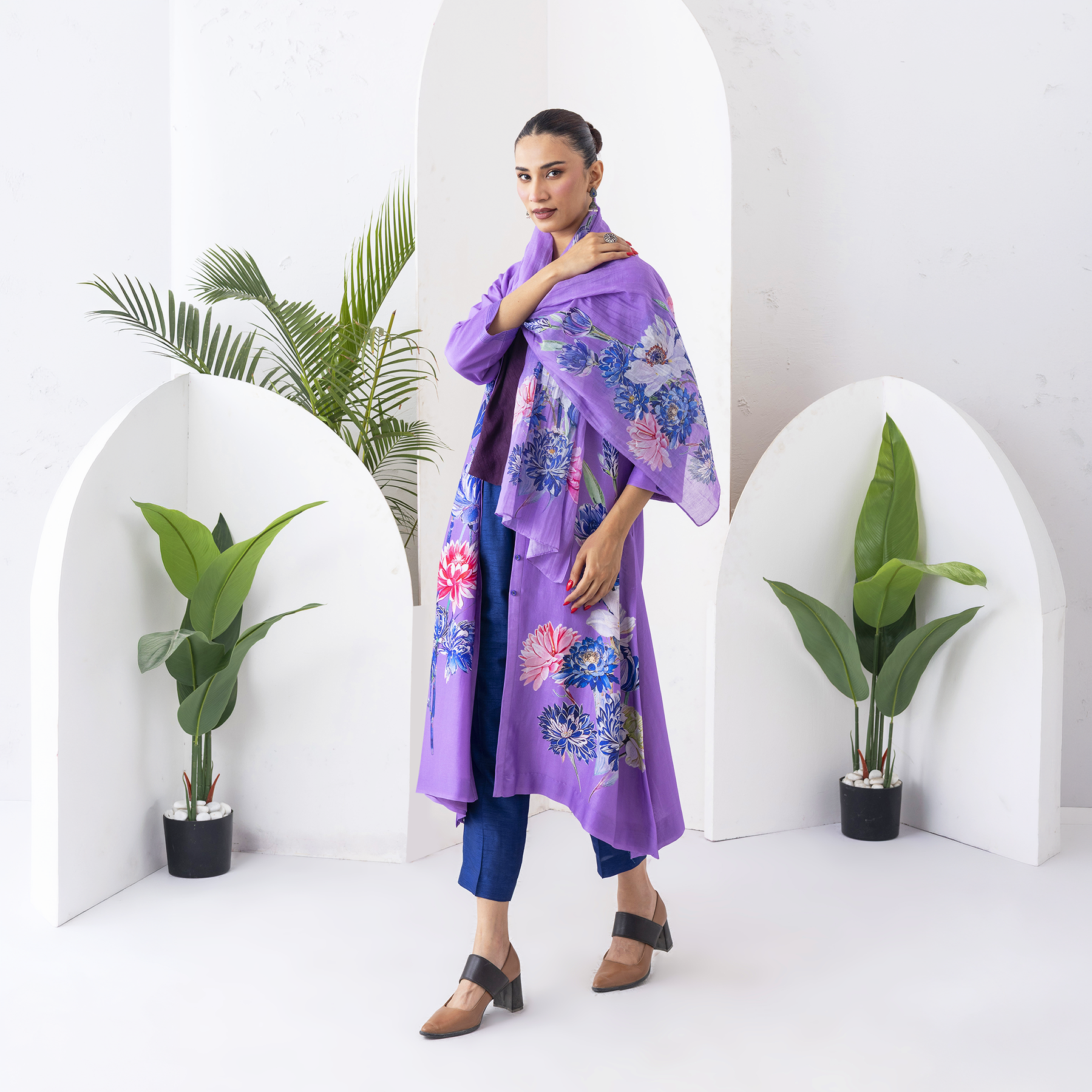 Lavender Silk Chanderi Front Open Printed Dress (1 PC)