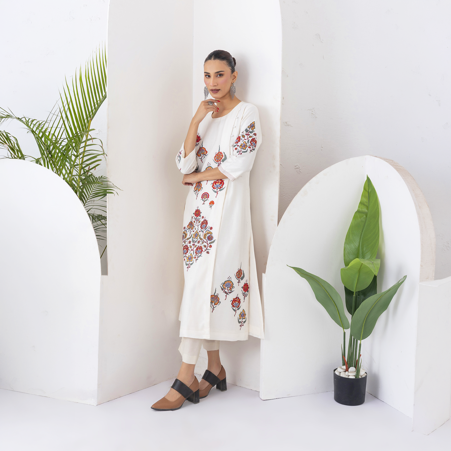 Ivory Silk Chanderi Printed Side Panel Dress (1 PC)