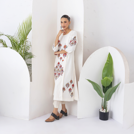 Ivory Silk Chanderi Printed Side Panel Dress (1 PC)
