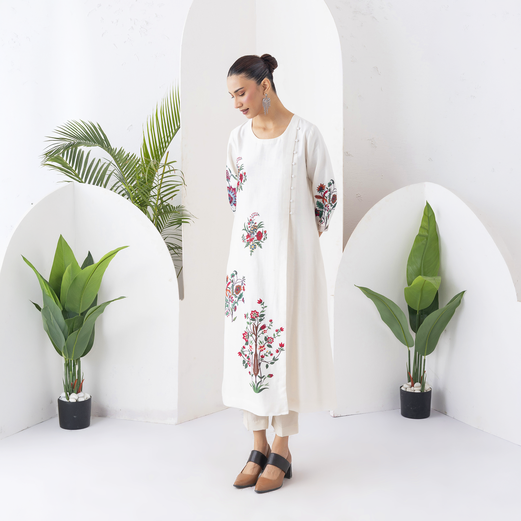 Ivory Silk Chanderi Floral Boota Printed Dress (1 PC)