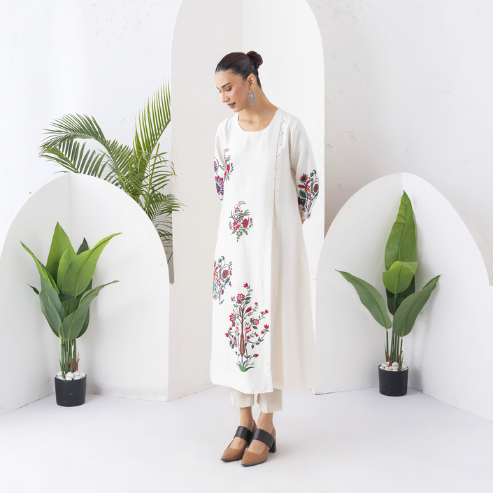 Ivory Silk Chanderi Floral Boota Printed Dress (1 PC)