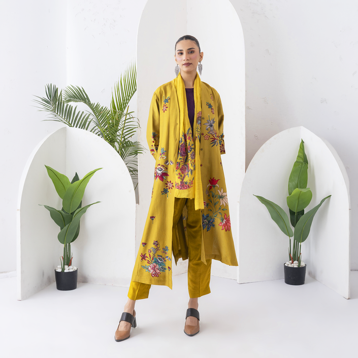 Mustard Silk Chanderi Printed High-Low Dress (1 PC)