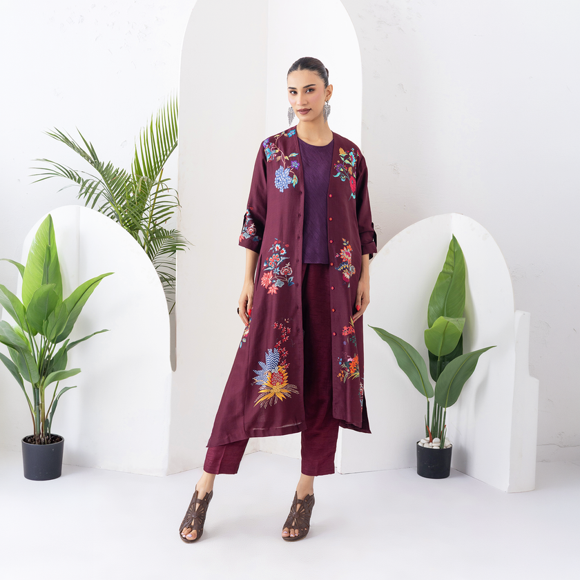 Chocolate Brown Silk Chanderi Printed High-Low Dress (1 PC)
