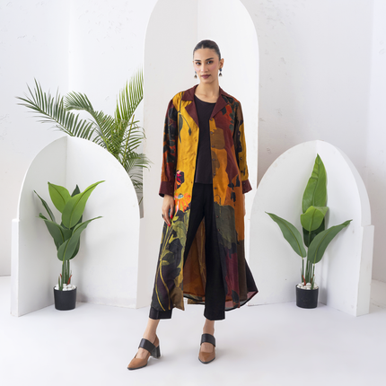 Mustard & Brown Viscose Dupion Printed Front Open Dress (1 PC)