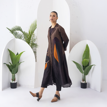 Shades Of Brown Viscose Dupion Printed Front Open Dress (1 PC)