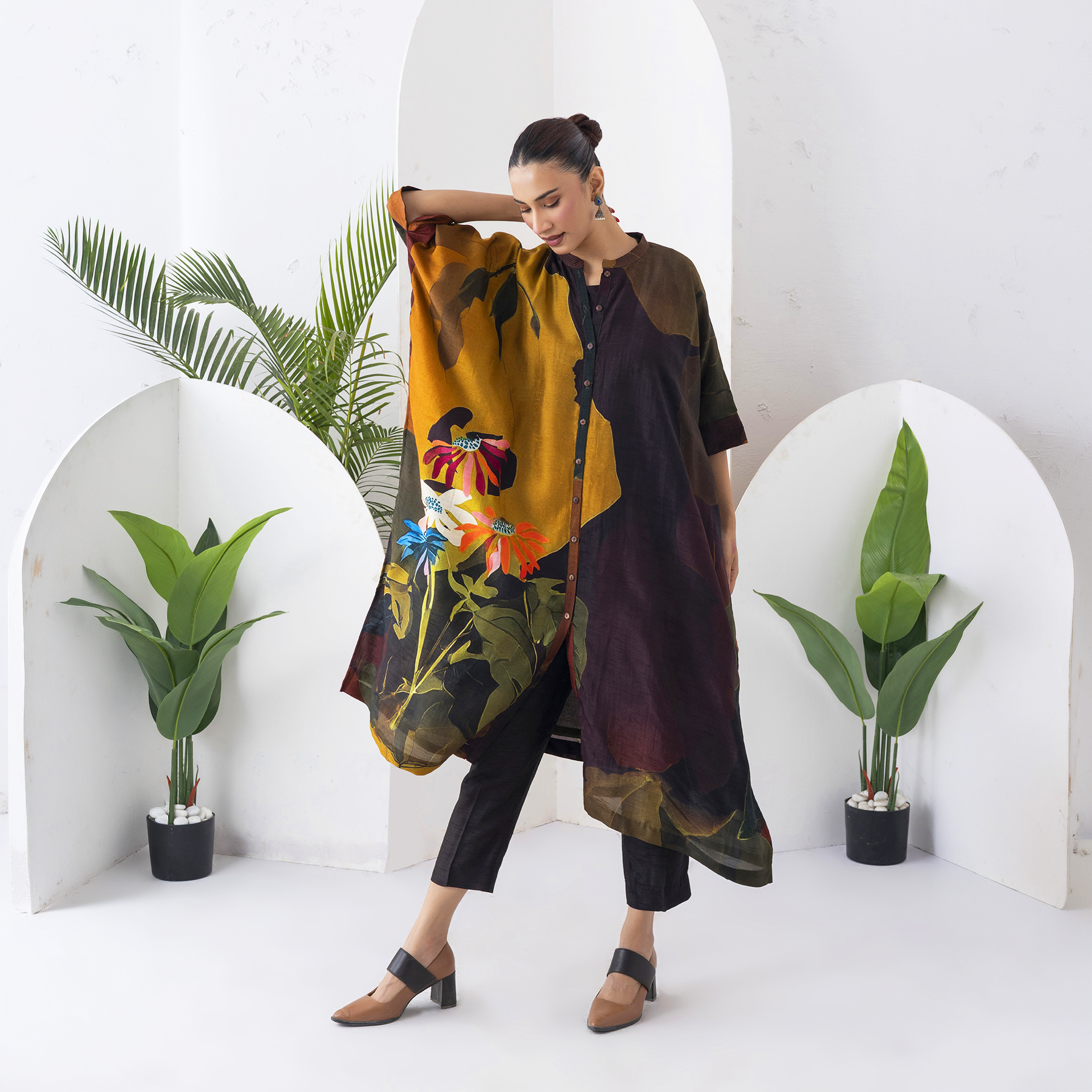 Mustard & Brown Viscose Dupion Printed Kaftan Style Dress (1 PC)