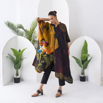 Mustard & Brown Viscose Dupion Printed Kaftan Style Dress (1 PC)