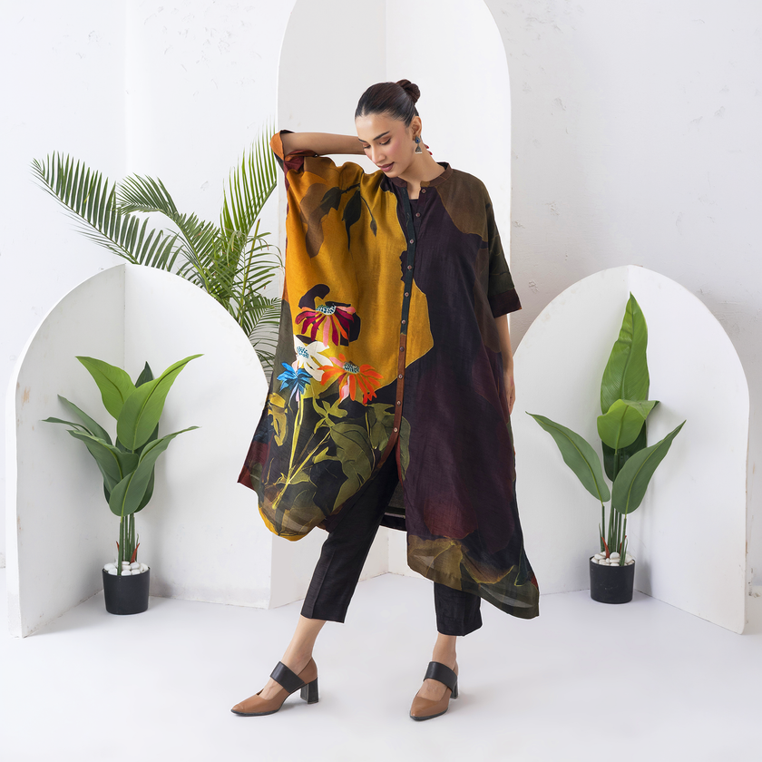 Mustard & Brown Viscose Dupion Printed Kaftan Style Dress (1 PC)