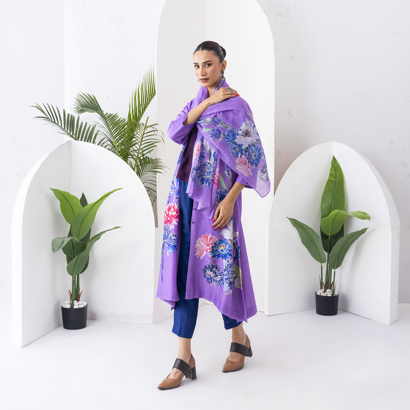 Lavender Silk Chanderi Front Open Printed Dress (1 PC)