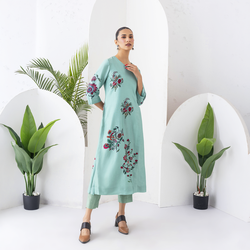 Mint Silk Chanderi Floral Boota Printed Dress (1 PC)