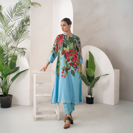 Sky Blue Silk Chanderi Berry And Leaf Illustration Printed Tunic (1 PC)