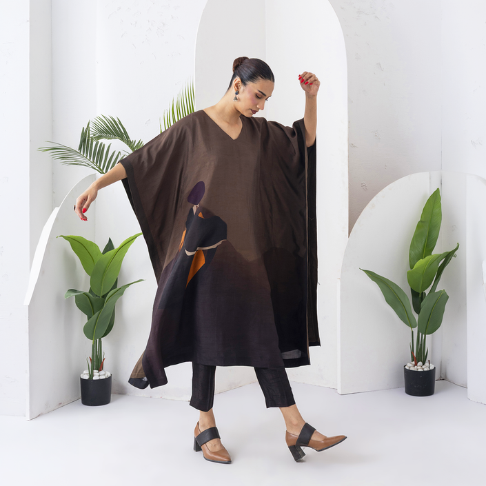 Shades Of Brown Viscose Dupion Printed Kaftan (1 PC)
