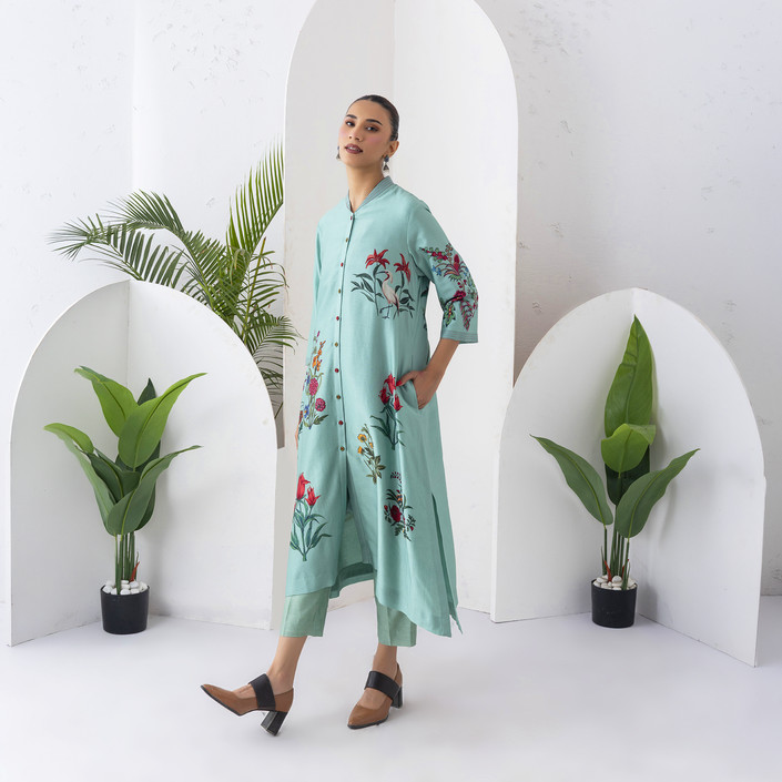 Mint Silk Chanderi Floral Printed Front Open Dress (1 PC)