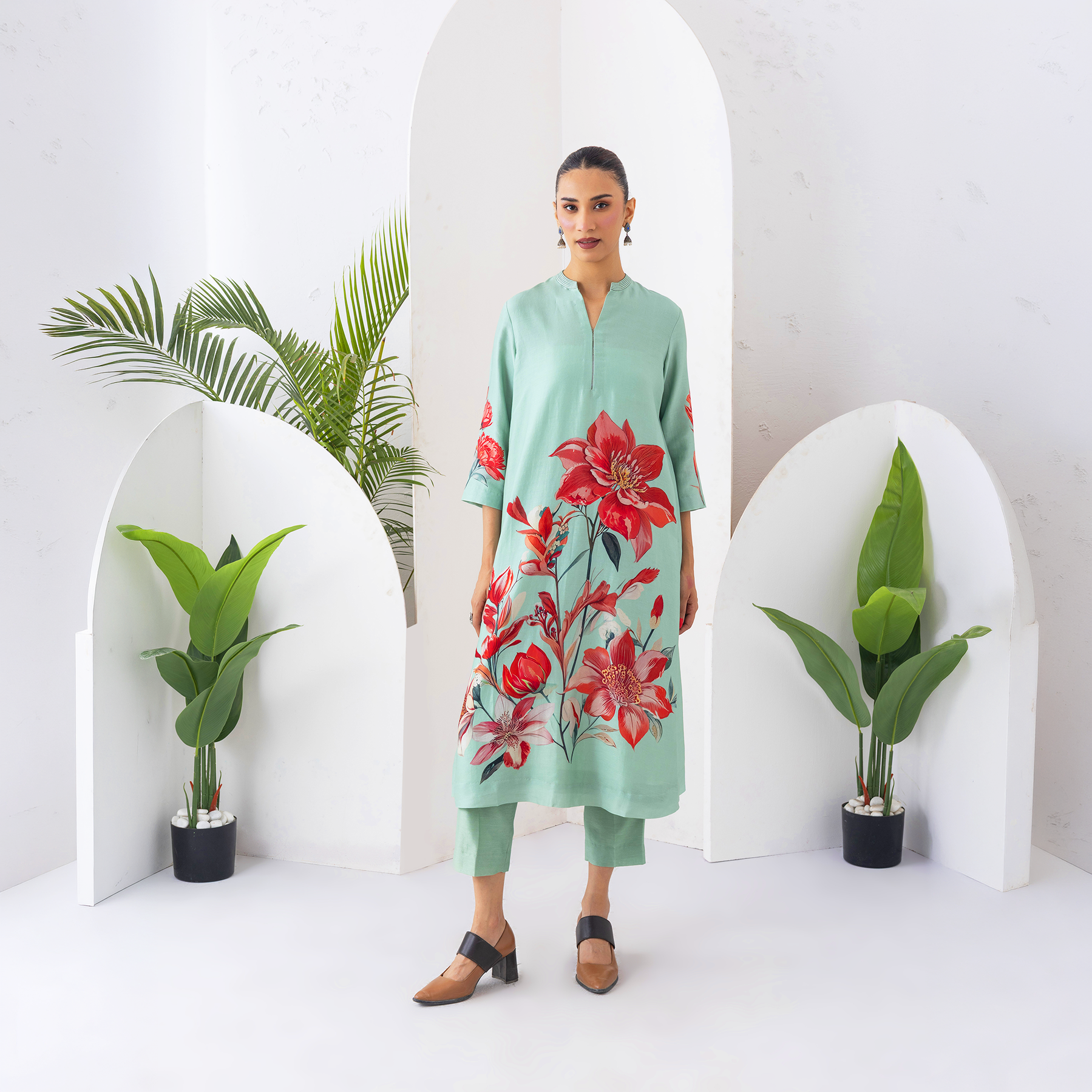Mint Green Silk Chanderi Bloom-Inspired Printed Tunic (1 PC)
