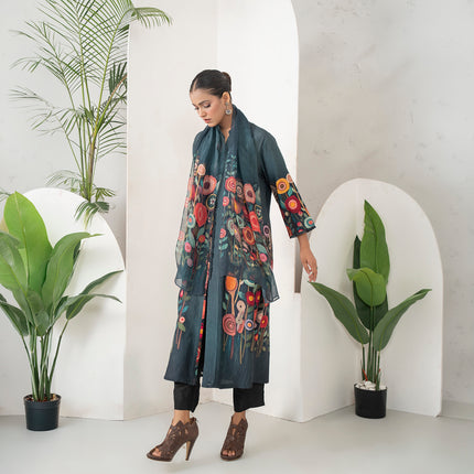 Charcoal Silk Chanderi Striking Floral Illustration Printed Dress (1 PC)
