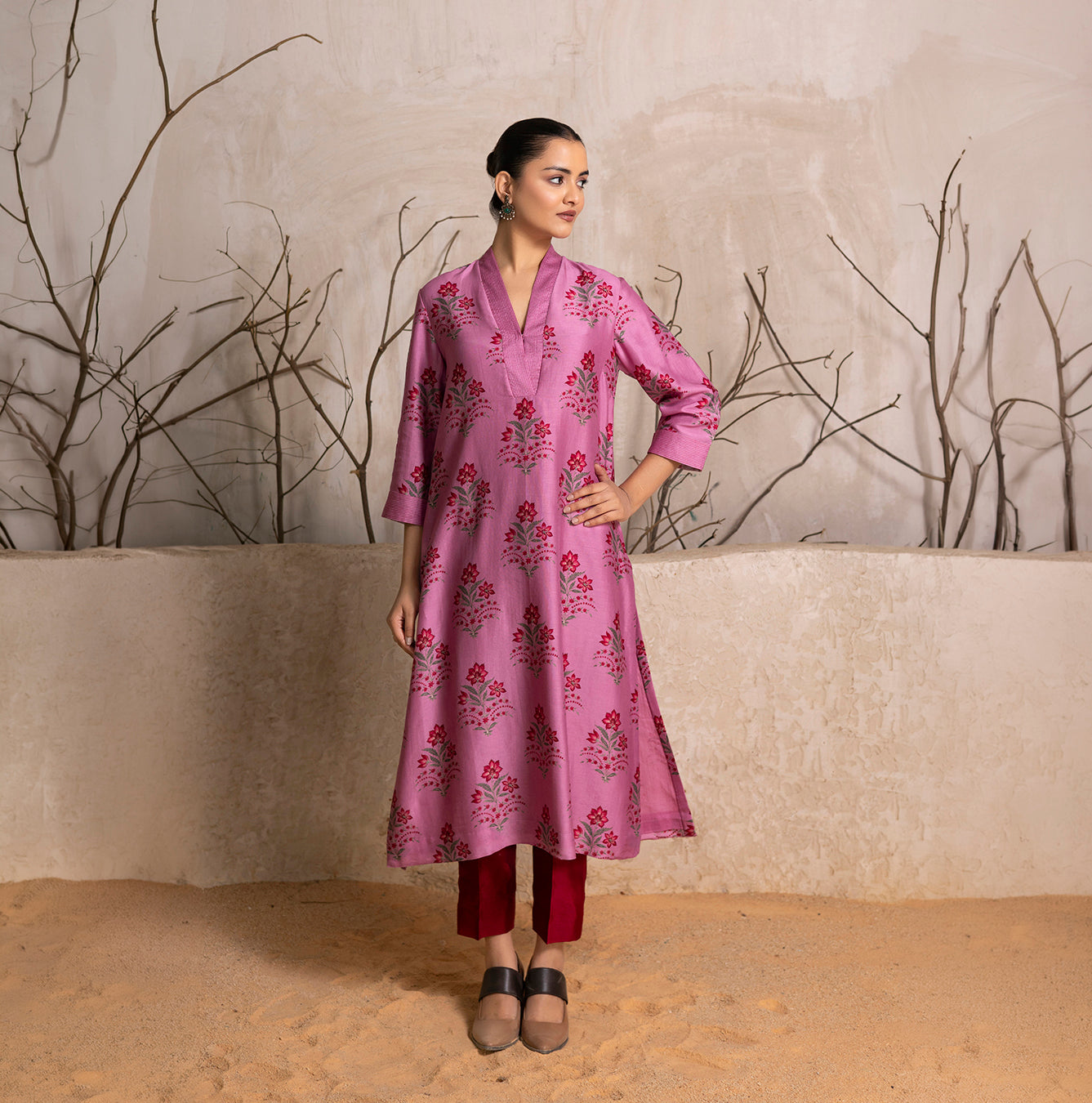 Salmon Pink Silk Chanderi Floral Boota Printed Tunic (1 PC)