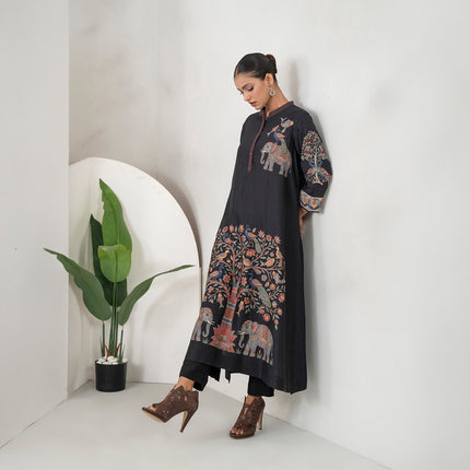Black Silk Chanderi Rich Folk-Inspired Printed Tunic (1 PC)
