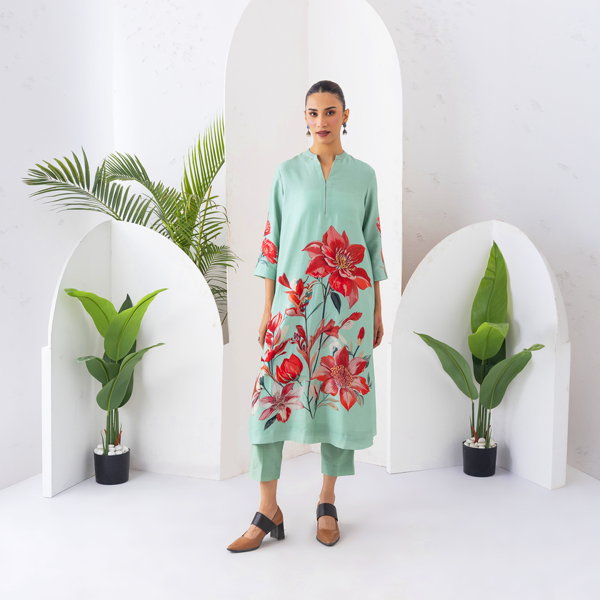 Mint Green Silk Chanderi Bloom-Inspired Printed Tunic (1 PC)