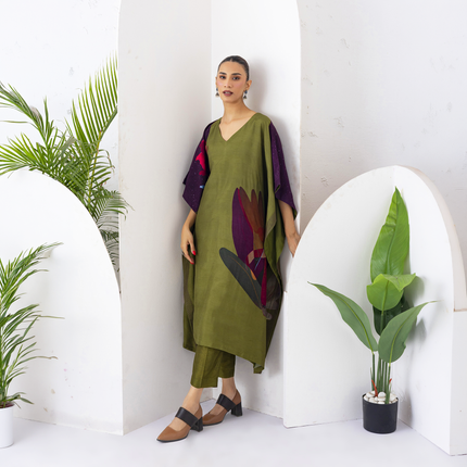 Leaf Green Viscose Dupion Printed Kaftan (1 PC)