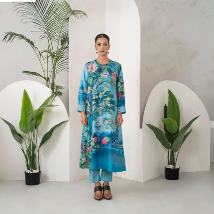 Sky Blue Silk Chanderi Lush Lotus Printed Tunic (1 PC)