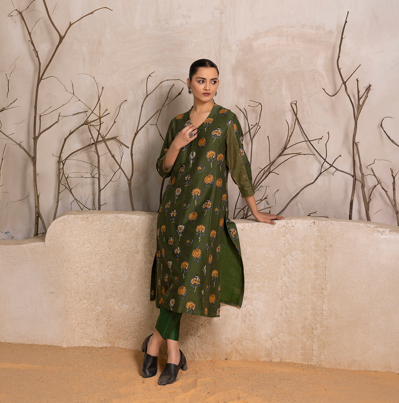 Leaf Green Silk Chanderi Printed Tunic (1 PC)