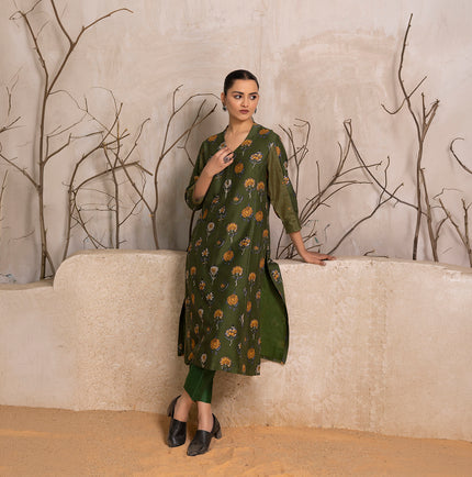 Leaf Green Silk Chanderi Printed Tunic (1 PC)