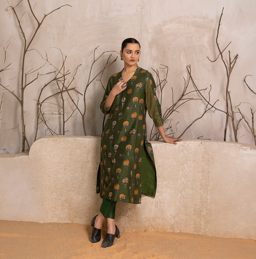 Leaf Green Silk Chanderi Printed Tunic (1 PC)