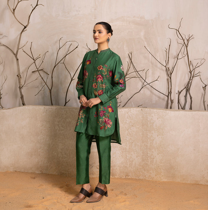 Green Silk Chanderi Floral Printed Shirt Style Tunic (1 PC)