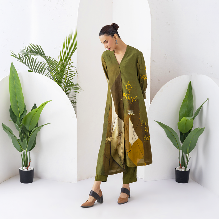 Moss Green Shaded Viscose Dupion Printed High-Low Dress (1 PC)