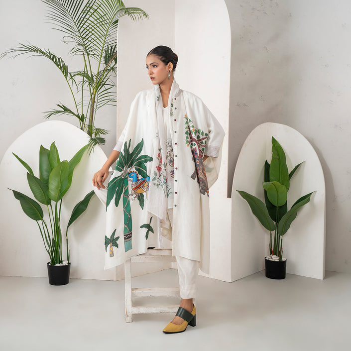 Ivory Silk Chanderi Elephant And Tropical Foliage Printed Kaftan (1 PC)