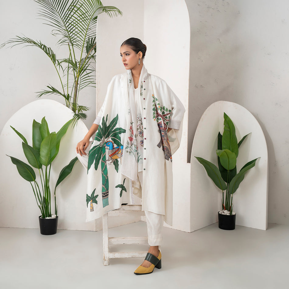 Ivory Silk Chanderi Elephant And Tropical Foliage Printed Kaftan (1 PC)