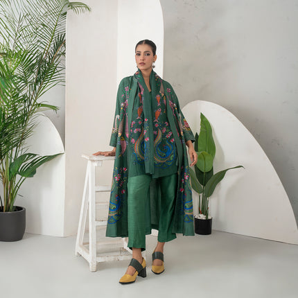 Emerald Thin Chanderi Peacocks And Fish Motifs Printed Stole (1 PC)