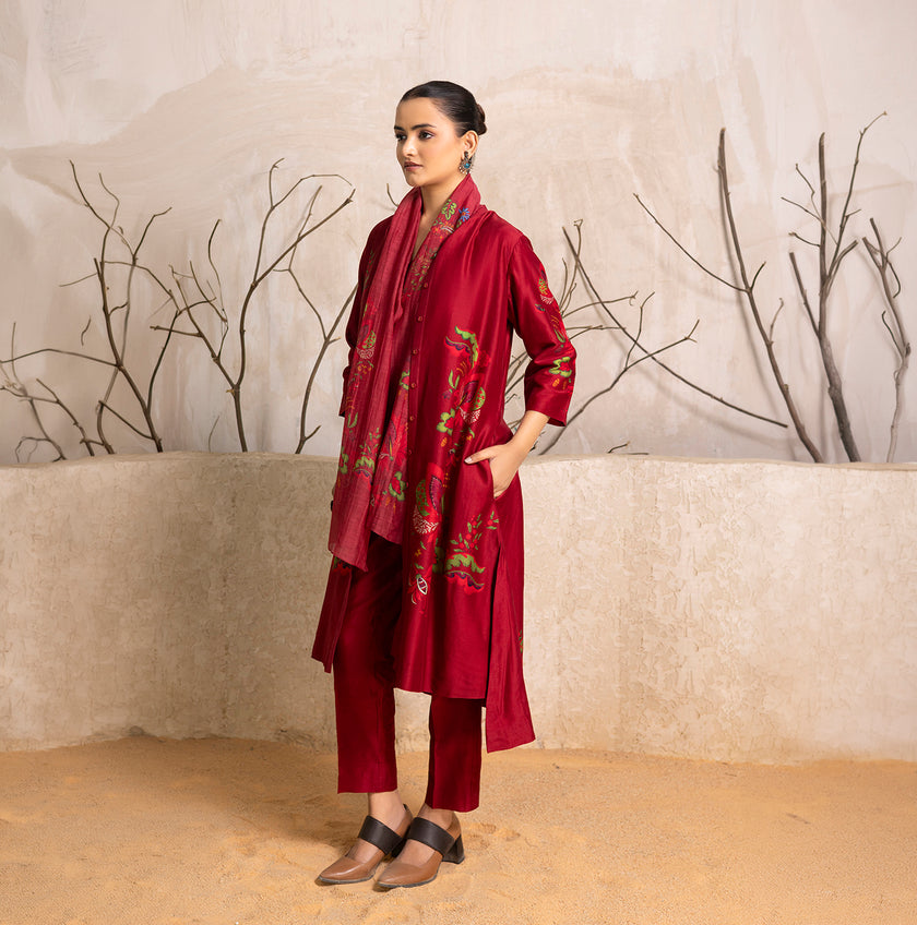 Red Thin Chanderi Floral Printed Stole (1 PC)