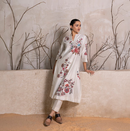 Ivory Silk Chanderi Floral Printed tunic (1 PC)