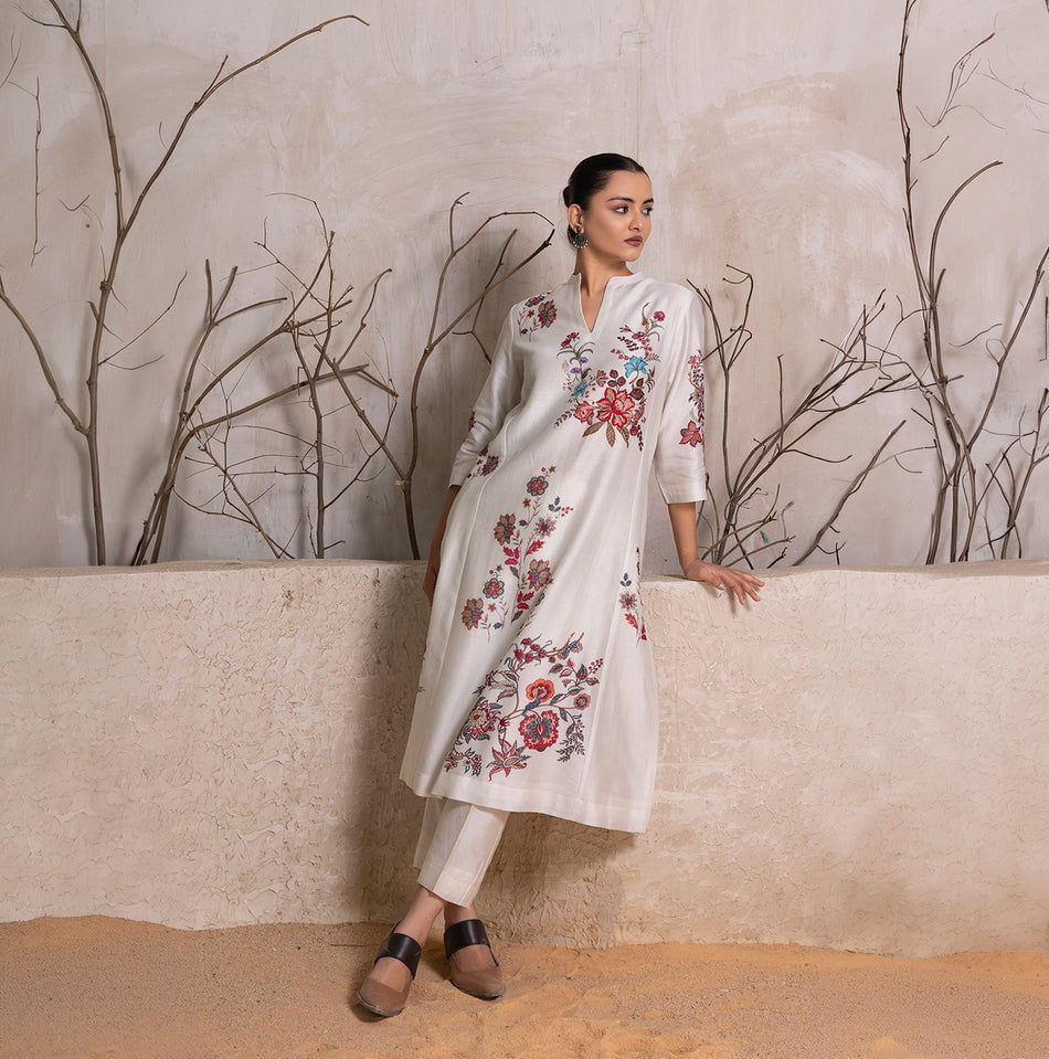Ivory Silk Chanderi Floral Printed tunic (1 PC)