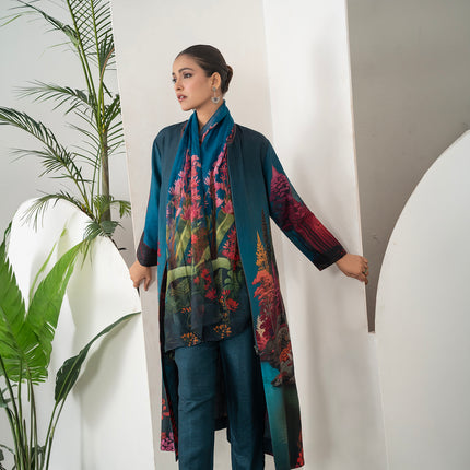 Deep Teal Fades Into Twilight Blue Silk Chanderi Forest Scene Printed Dress (1 PC)