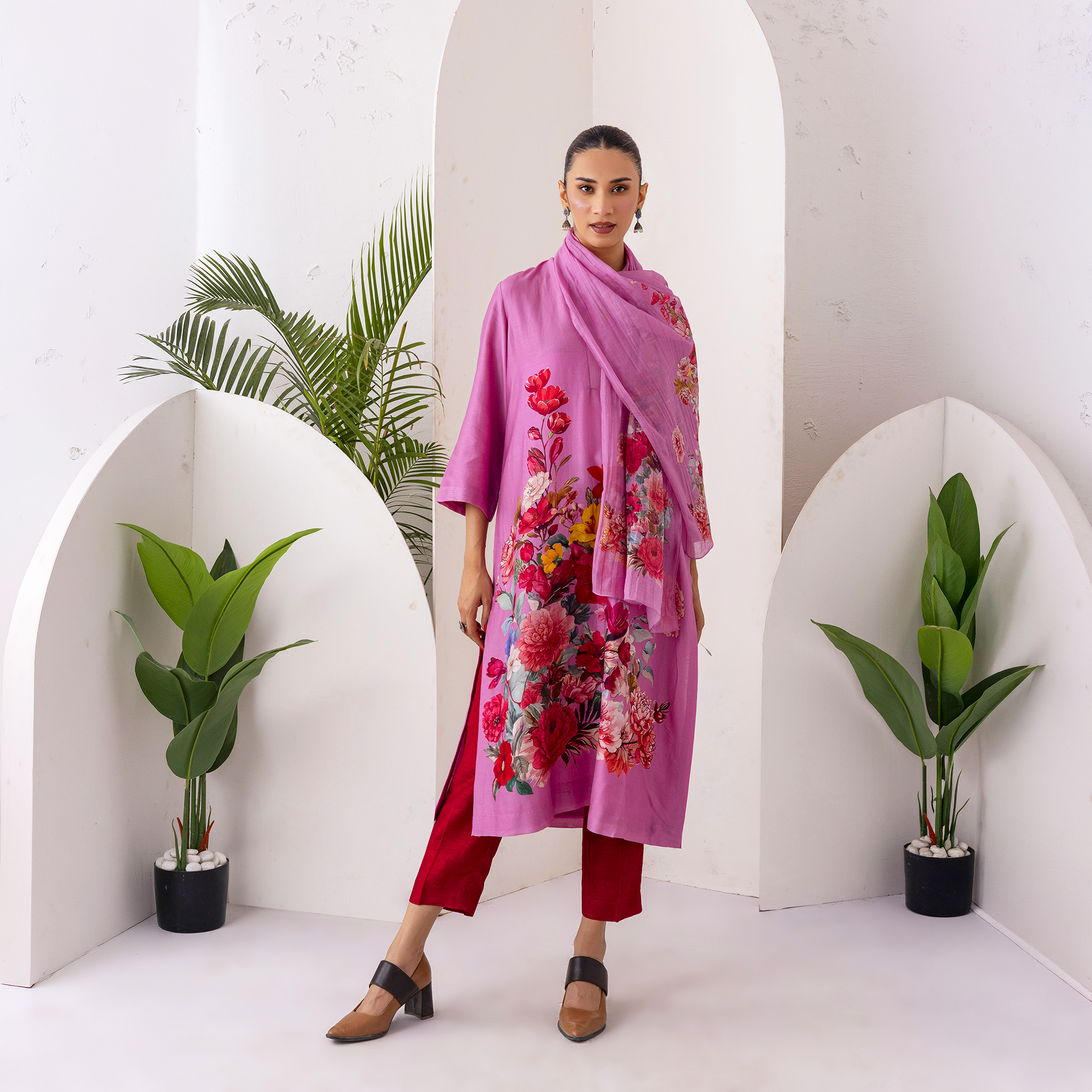 Salmon Pink Silk Chanderi Printed Tunic (1 PC)