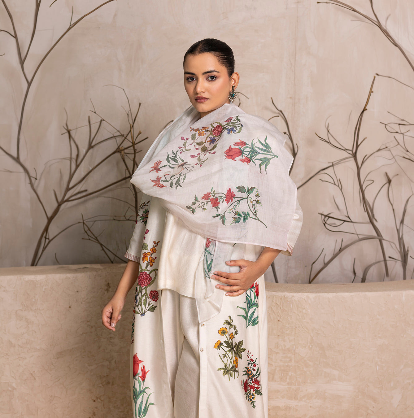 Ivory Thin Chanderi Floral Printed Stole (1 PC)