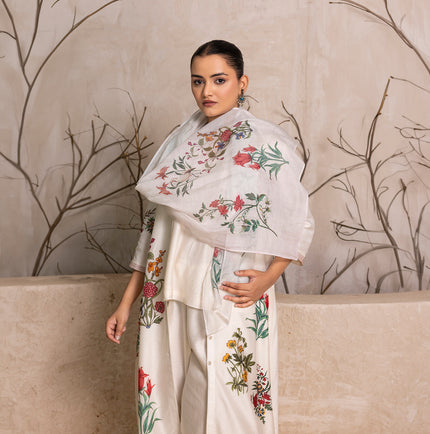 Ivory Thin Chanderi Floral Printed Stole (1 PC)