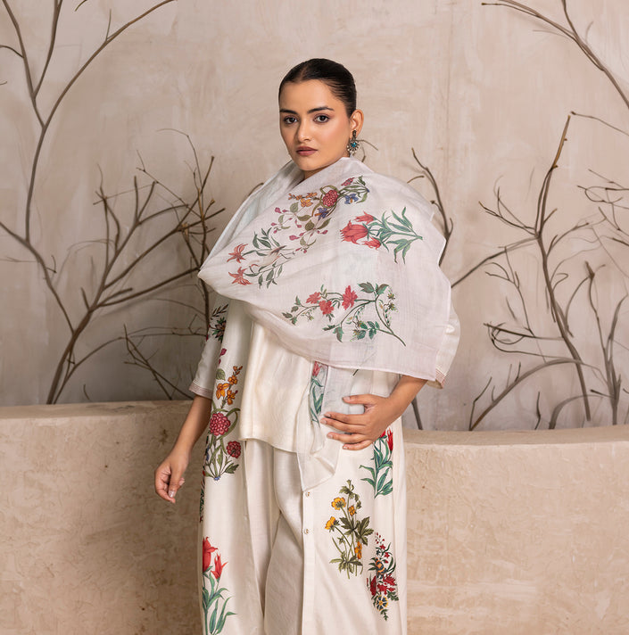 Ivory Thin Chanderi Floral Printed Stole (1 PC)