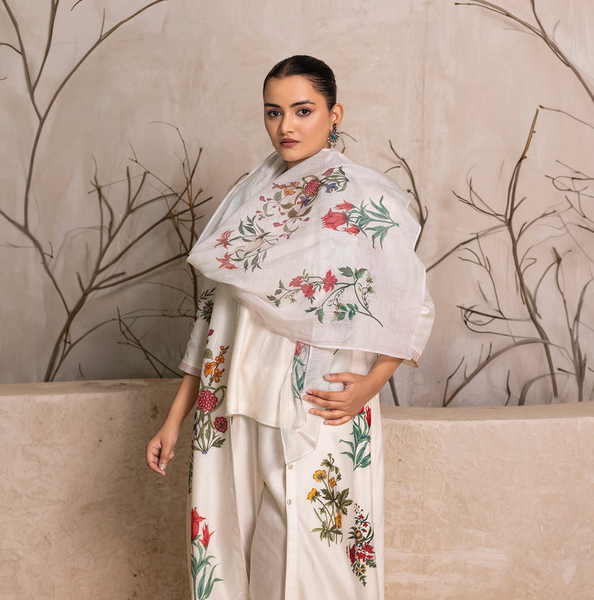 Ivory Thin Chanderi Floral Printed Stole (1 PC)
