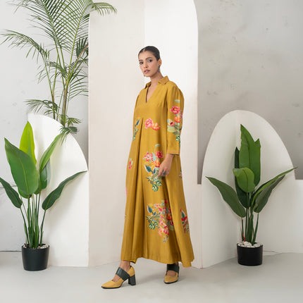 Mustard Silk Chanderi Front Pleat Detailed Colourful Floral Printed Dress (1 PC)