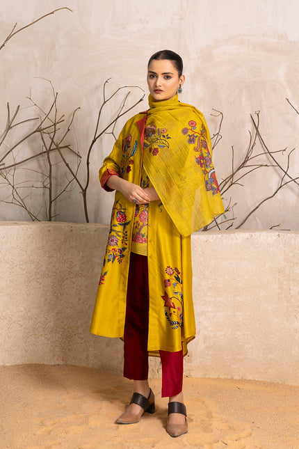 Yellow Thin Chanderi Floral Printed Stole (1 PC)
