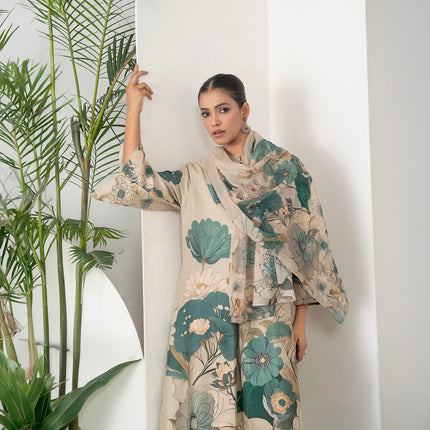 Beige Thin Chanderi Delicate Floral Artwork Printed Stole (1 PC)
