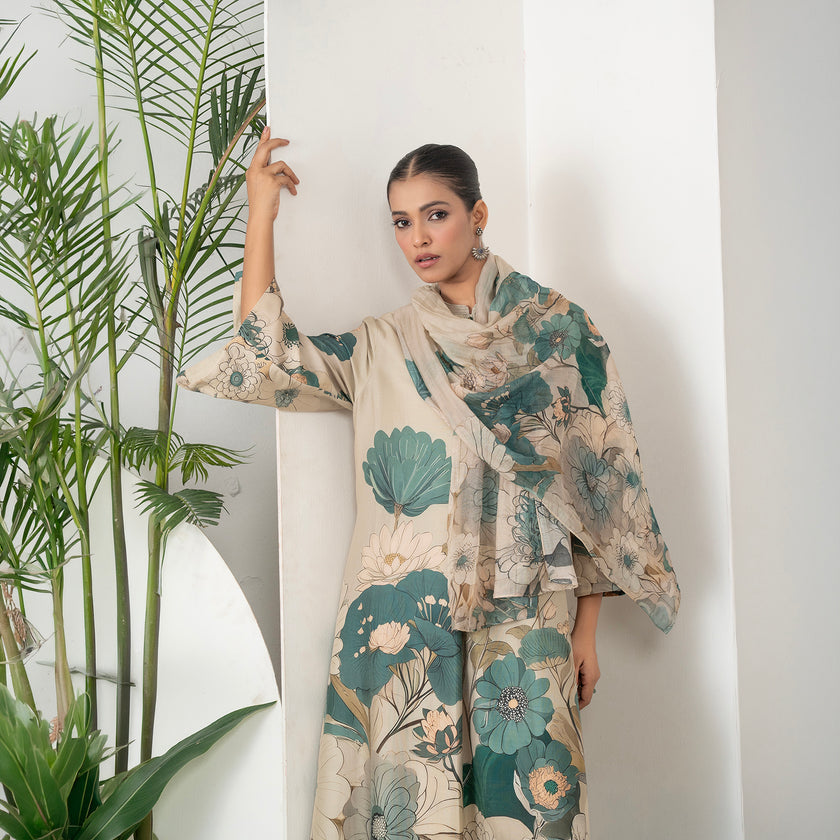 Beige Thin Chanderi Delicate Floral Artwork Printed Stole (1 PC)