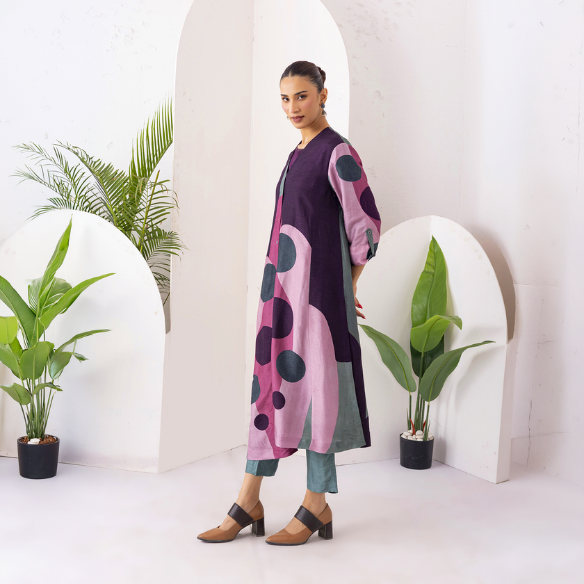 Salmon Pink & Wine Viscose Dupion Printed Dress (1 PC)