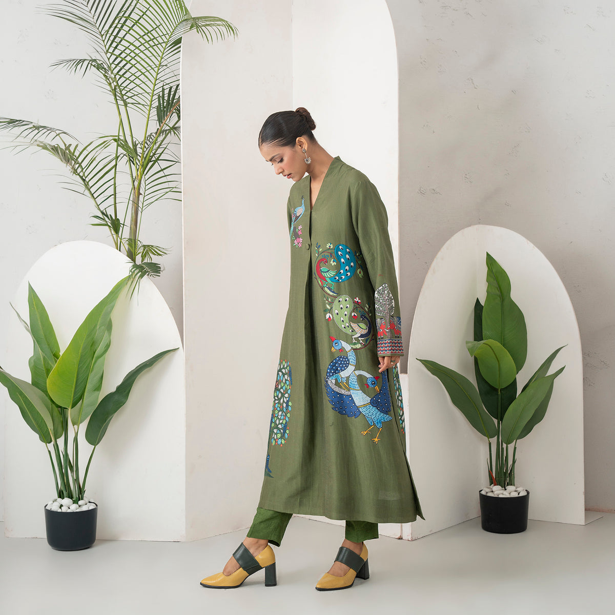 Leaf Green Silk Chanderi Front-Pleated Striking Peacock And Bird Printed Dress (1 PC)